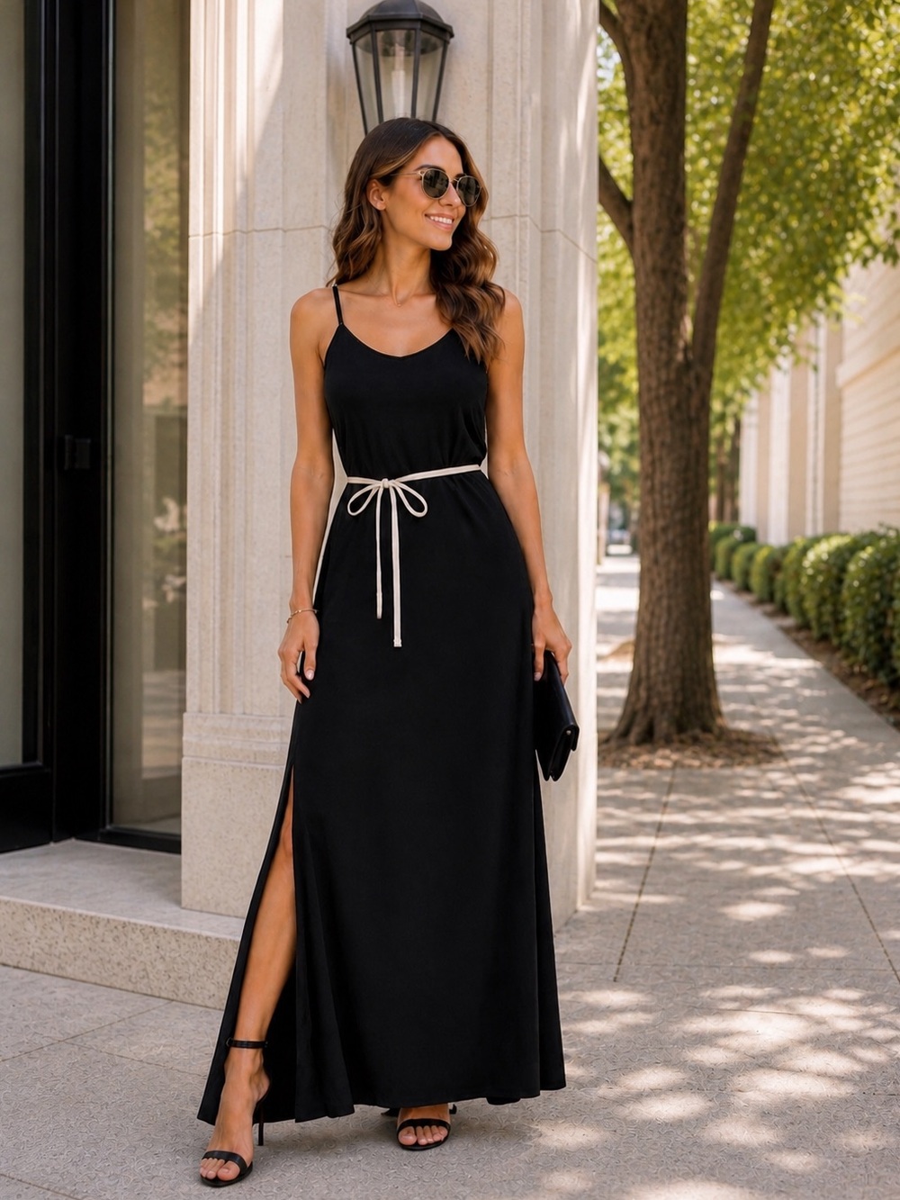 Calvin Klein Black Cotton Maxi Dress Sleeveless Slit Waist Tie Casual Chic